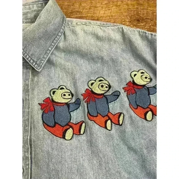 Vtg 80's Whistles Pearl Snap Denim Button Up Shirt Bear Embroidered Size M - Picture 4 of 12
